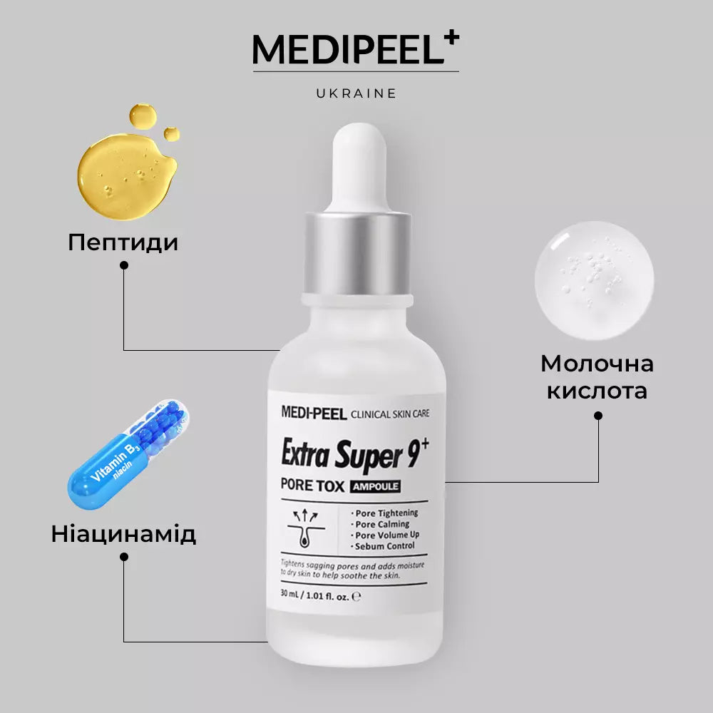 Пилинг-сыворотка для лица для очищения и сужения пор MEDIPEEL Extra Super 9 Plus Pore Tox Ampoule, 30 мл